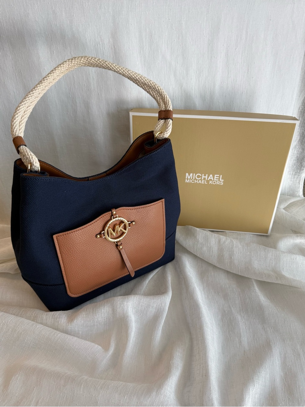 Michael Kors Navy and Tan Rope-Handle Shoulder Bag